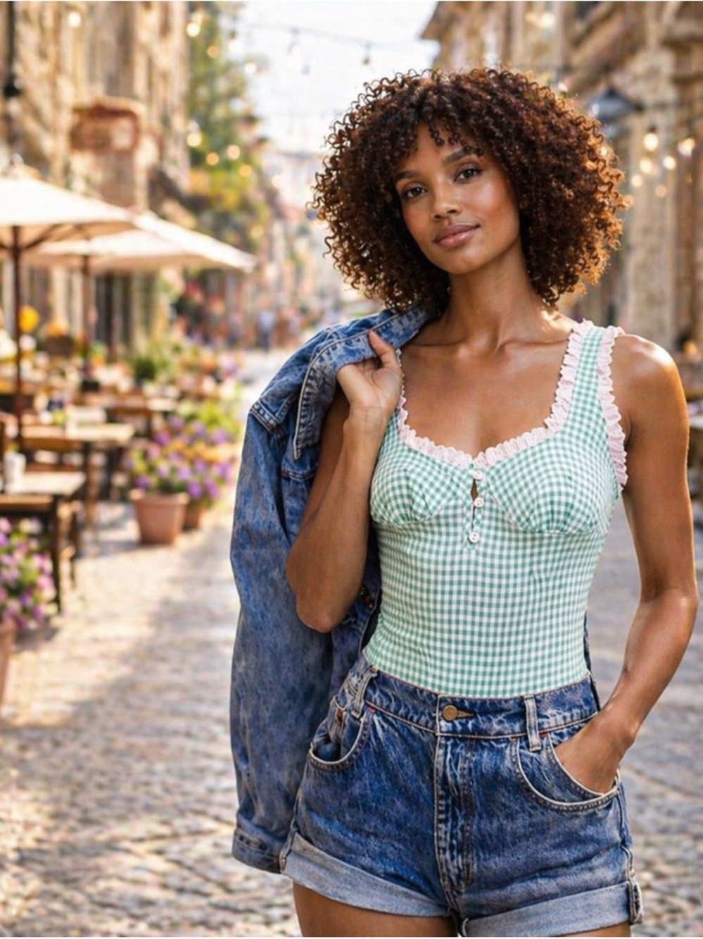 Free People Cassie Gingham Bodysuit Green Lace Trim Small NWOT